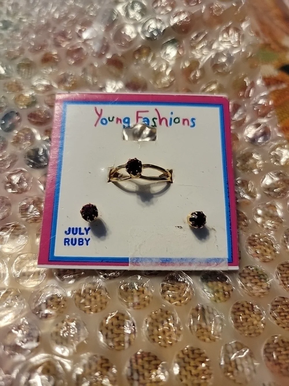 VINTAGE July Ruby Gold-Tone Ring and Stud Earrings Set
